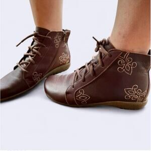 Naot Manga lace-up bootie brown leather w/ embroidered whimsy fairycore deets